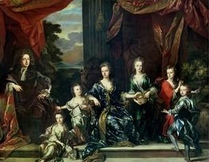 The Marlborough family c. 1694 by John Closterman. On the Duke's left are Elizabeth, Mary, the Duchess, Henrietta, Anne and John.