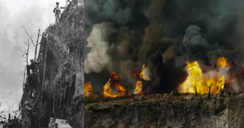 Left: Desmond Doss at the top of the real Hacksaw Ridge. Right: The movie version burns.