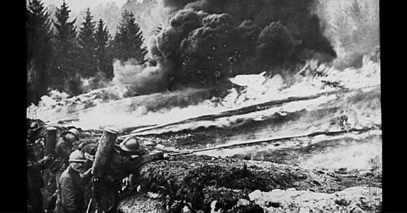 French soldiers attacking a German position with flame throwers in Flanders, Belgium during WWI