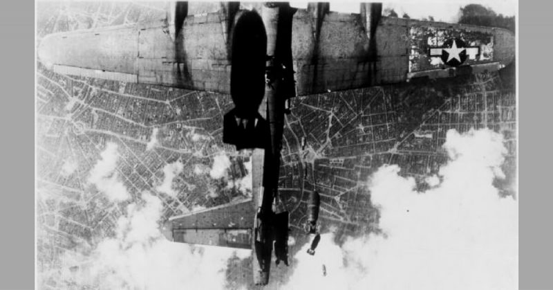Damaged USAAF B-17 bomber during a bombing raid over Berlin