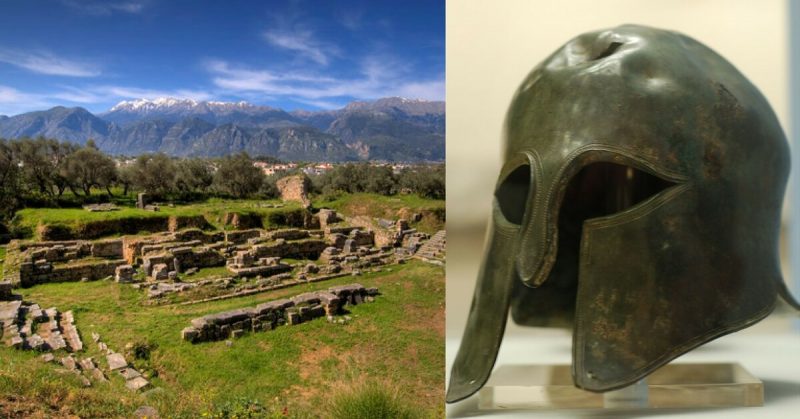 Left: Ruins of the ancient theater of Sparta. By Κούμαρης Νικόλαος. Left: Spartan helmet exhibited at the British Museum. By john antoni - CC BY-SA 2.0