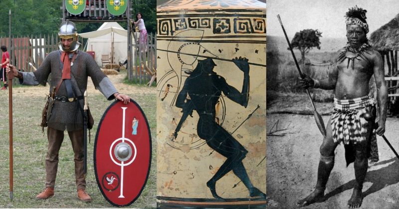 Left: Roman Warrior portrayed by a reeanctor. Middle: Athenian Warrior Wielding A Spear In Battle, Portrayed on an Ancient Vase. Right: Zulu Warrior with Iklwa, 1917. Photo Credits: Myself - CC BY-SA 3.0.; Marie-Lan Nguyen - CC BY 2.5;  