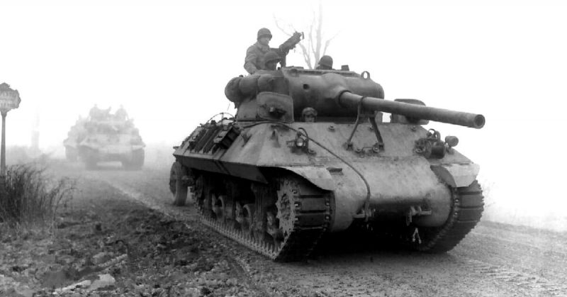 American Tank Destroyers through heavy fog in Belgium, Late December 1944