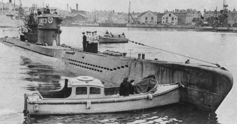 U-1023 in Plymouth after being captured. She was the same type as U-223, which sank the Dorchester.