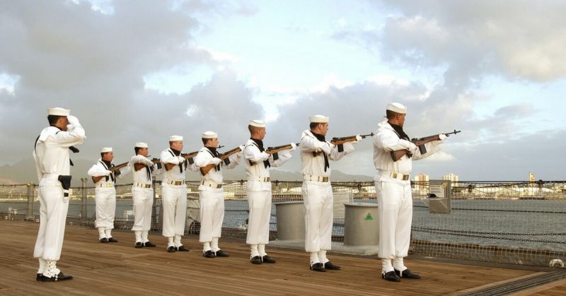 Pearl Harbor, Hawaii (Nov. 11, 2003) -- The Pearl Harbor Color Guard fires a 21 Gun salute honoring veterans during Veteran’s Day ceremonies aboard the battleship USS Missouri. 