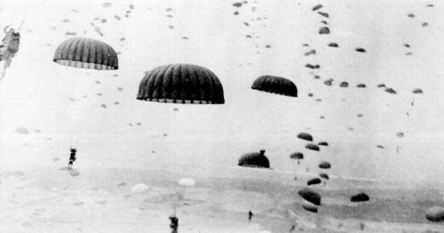 Waves of paratroops land in Holland during Operation Market Garden in September 1944.