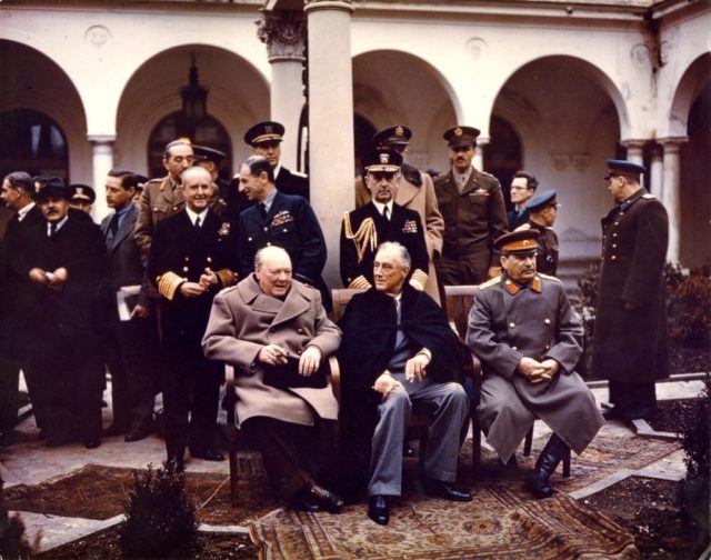 British Prime Minister Winston Churchill, US President Franklin D. Roosevelt, and Soviet Premier Joseph Stalin at the Yalta Conference in Crimea in 1945.