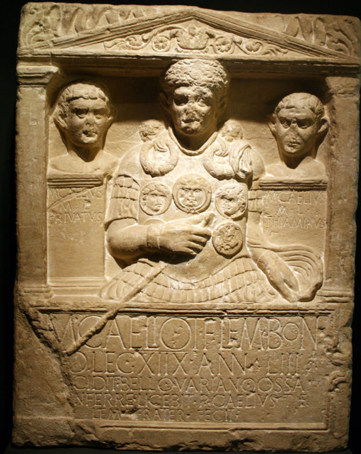 A cenotaph to Marcus Caelius, a centurion of Legio XVIII, killed at the Battle of Teutoburger Wald. Note the prominent display of the vine staff, his sign of office.