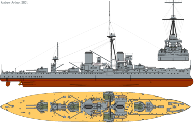 3-view drawing of HMS Dreadnought in 1911, with QF 12 pdr guns added;