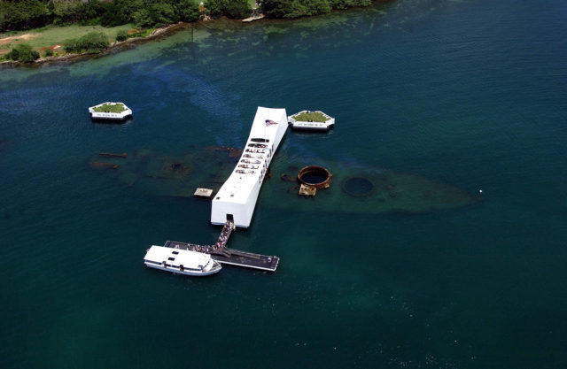 An aerial view of the USS Arizona Memorial