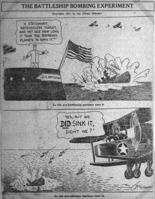 Newspaper cartoon covering the naval vs. air power test, found in the Chicago Tribune.