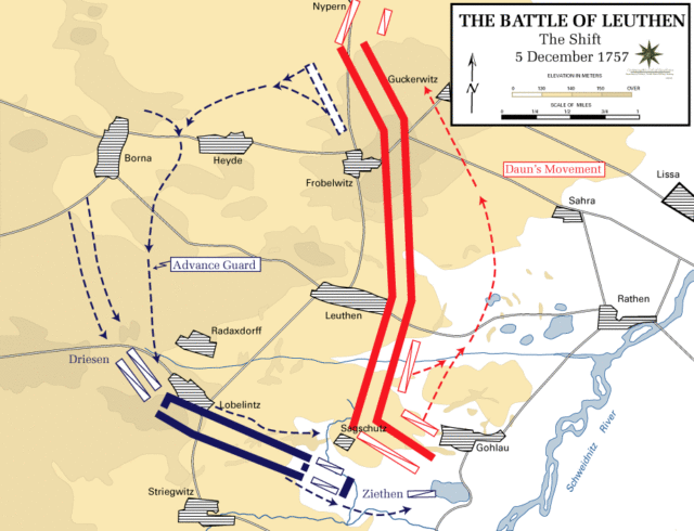 Frederick's forces march around the hills to attack the Austrian flank.