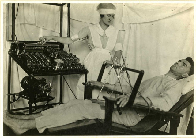 This is one of the ways electric shock therapy was administered around the time of World War 1. Photo credit