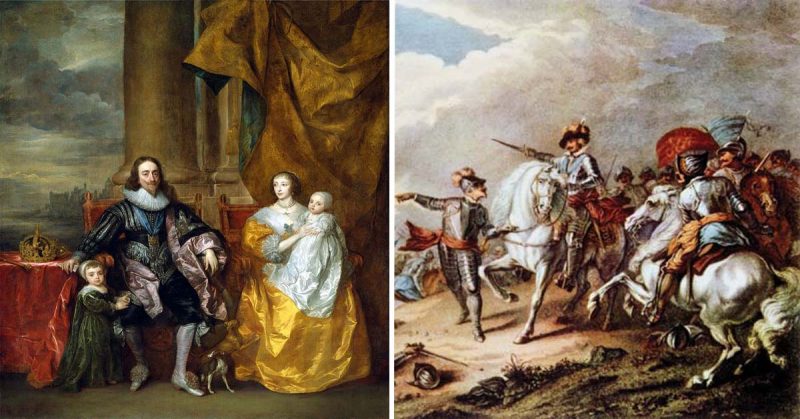 King Charles I with Queen Henrietta Maria and the Battle of Naseby during the English Civil War.