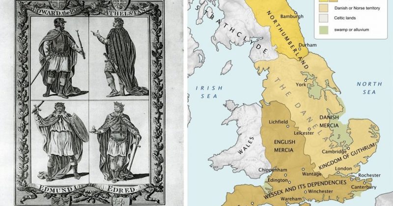 Kings Edward the Elder, Athelstan, Edumund and Edred (left); Map of England in 878 showing the extent of the Danelaw (right). Hel-hama - CC BY-SA 3.0