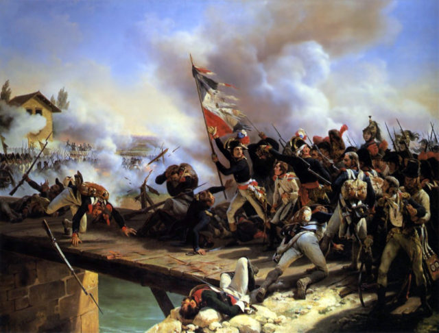 General Bonaparte and his troops crossing the bridge of Arcole.
