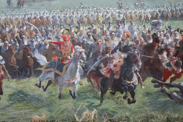 Marshal Ney leading the French cavalry charge, detail from Louis Dumoulin's Panorama of the Battle of Waterloo. 