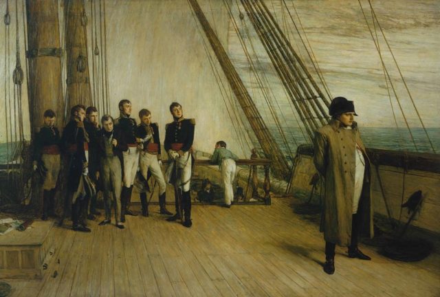 Napoleon on Board the Bellerophon, exhibited in 1880 by Sir William Quiller Orchardson. The painting depicts the morning of 23 July 1815, as Napoleon watches the French shoreline recede.
