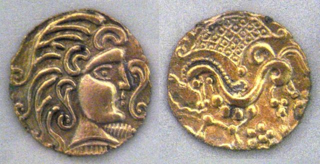 Gold coins of the Gaul Parisii, 1st century BC, (Cabinet des Médailles, Paris).