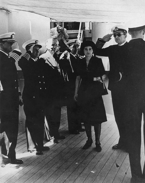 Queen Frederica with Paul of Greece visiting the USS Providence (CL-82) at Athens, circa May 1947.