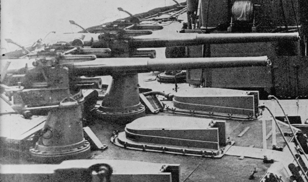 12-pounder guns mounted on 'X' turret; note the sighting hoods on the turret roof; 