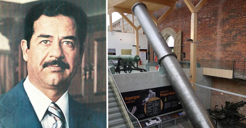 Left: Saddam Hussein; Right: Photo of two parts of the Iraqi supergun bolted together. By Geni - GFDL