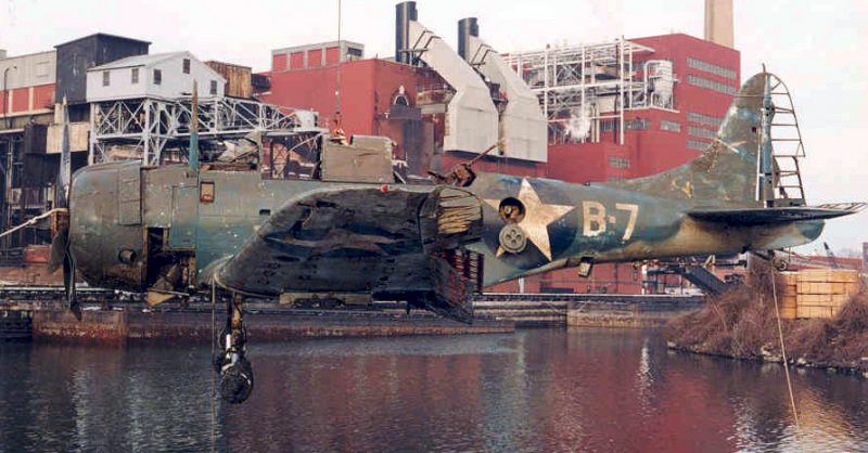 Recovered Douglas SBD-2 Dauntless after being raised from Lake Michigan in 1994.