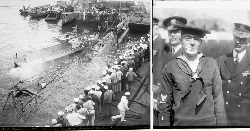 Left: Ajax hauling up USS O-5 (SS-66), Right: Henry Breault just after receiving his Medal of Honor, 8 March 1924.