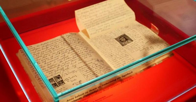 Diary of Anne Frank on display at the Anne Frank Zentrum in Berlin, Germany. <a href=https://commons.wikimedia.org/w/index.php?curid=14800631>Photo Credit</a>