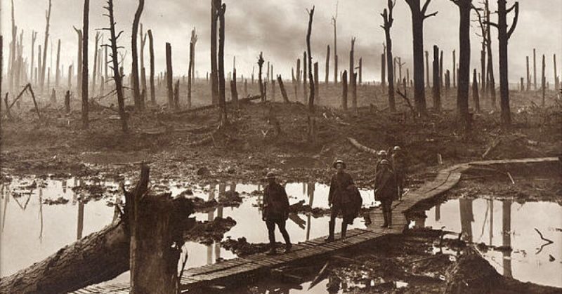 Soldiers of an Australian 4th Division field artillery brigade on a duckboard track passing through Chateau Wood, near Hooge in the Ypres salient, 29 October 1917.