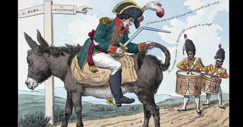 This satirical engraving from 1814 mocks the Emperor. His sword is broken and he sits backward on a donkey, riding toward exile on Elba and away from Fontainebleau.   