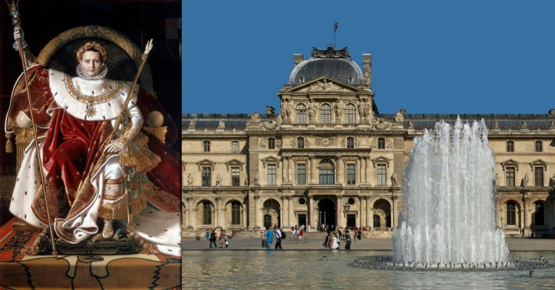 Left: Napoleon as Emperor, Jean Auguste Dominique Ingres. Right:  A fountain, Napoleon courtyard, Pavillon Sully in background, Louvre palace, Paris.
