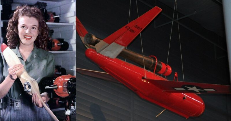 Left: Marilyn Monroe was a technician at the Radioplane Munitions Factory; Right: Katydid target drone. By Sturmvogel 66 - CC BY-SA 3.0