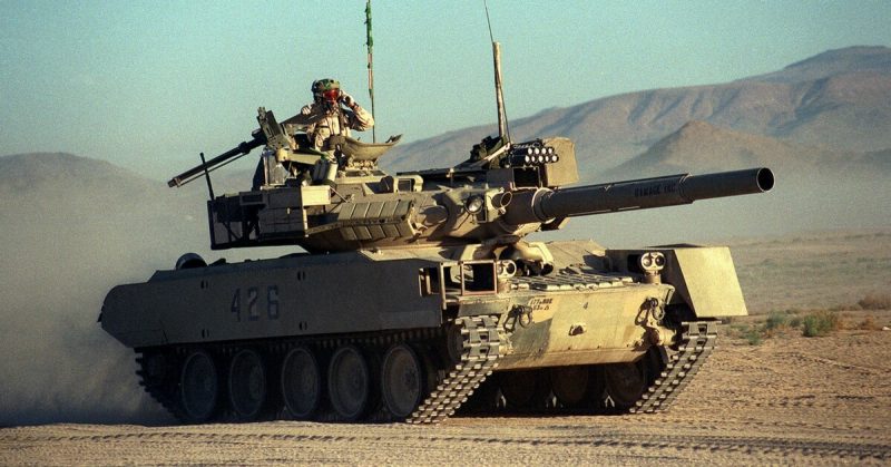 Sheridan tank visually modified to represent a Russian T-80, during battle exercises for the 177th Armored Brigade at the National Training Center in 1993.
