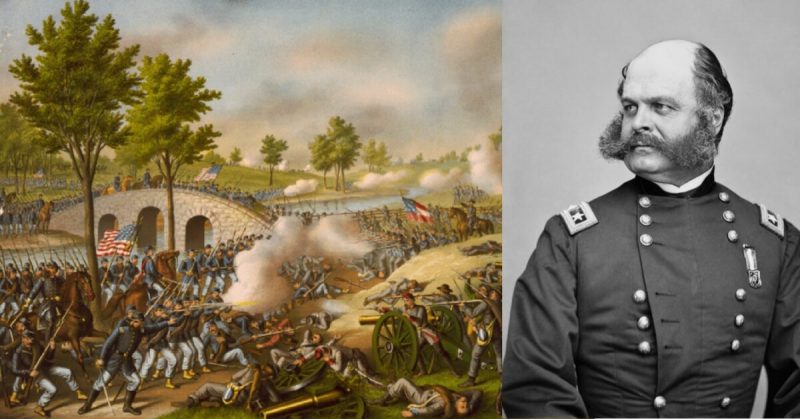 Left: Battle of Antietam, 1878; the Painting depicts Burnside's Bridge in the center. Right: The General himself, with famous sideburns on display.