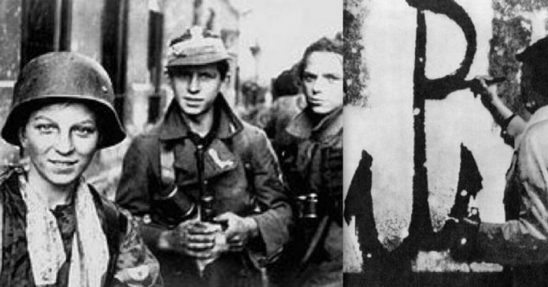 Left: Gray Ranks Assault-group soldiers. Right: The Kotwica (Anchor) being painted on a wall by a member of the Polish resistance. 