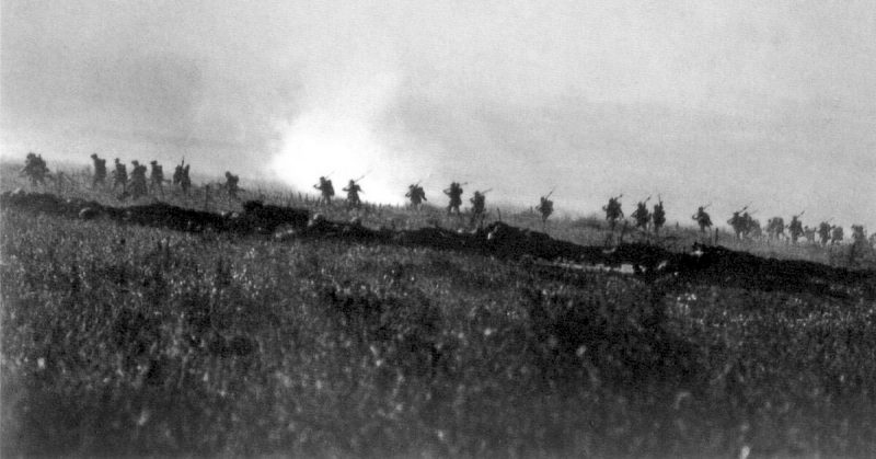 A support company of the Tyneside Irish Brigade advancing from the Tara-Usna Line opposite La Boisselle on 1 July, 1916, the first day on the Somme.