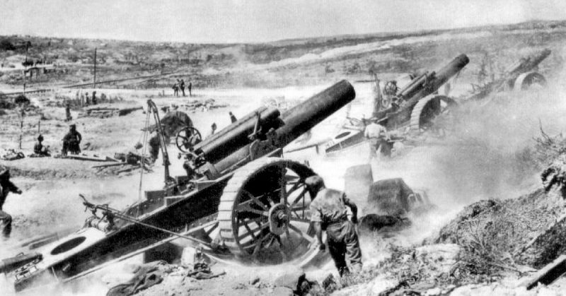  8-inch howitzers of the 39th Siege Battery, Royal Garrison Artillery conducting a shoot in the Fricourt-Mametz Valley, August 1916, during the Battle of the Somme.