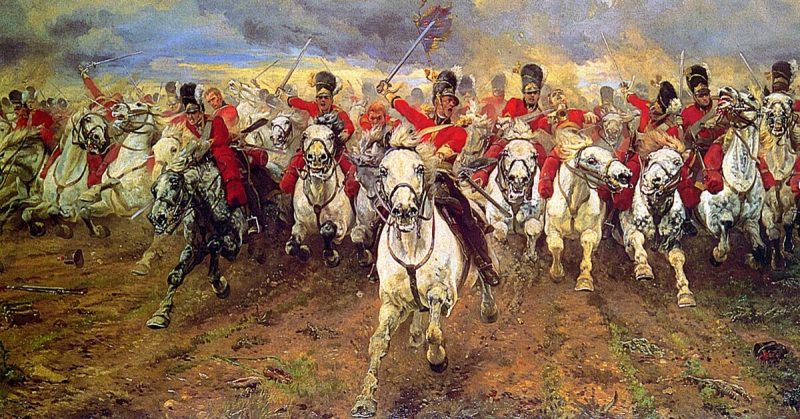 Detail from the painting ”Scotland Forever!" (1881) by Elizabeth Thompson, Lady Butler, depicting the start of the cavalry charge of the Royal Scots Greys who charged alongside the British heavy cavalry at the Battle of Waterloo.