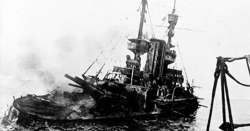 Irresistible listing and sinking in the Dardanelles, 18 March 1915. Photograph taken from the battleship Lord Nelson.