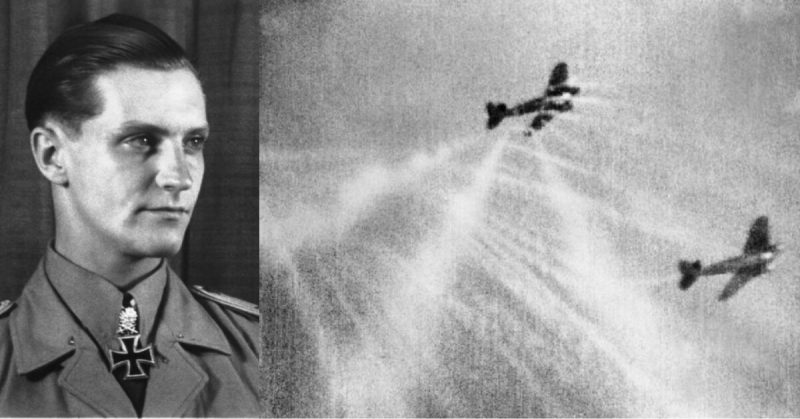 Right: A Photo from a Spitfire's Gun Camera shows German Heinkel HE-111 medium bombers under attack. Left: Hans-Joachim Marseille. Bundesarchiv - CC BY-SA 3.0 de