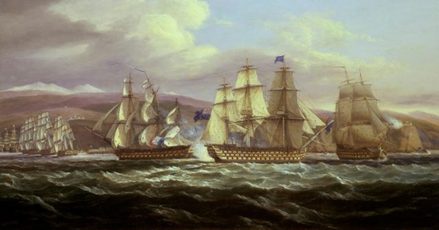 An action during the British fleet's blockade of the French port of Toulon between 1810 and 1814, depicted by Thomas Luny. 