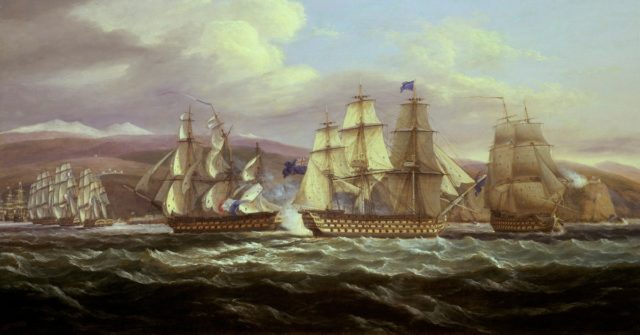 An action during the British fleet's blockade of the French port of Toulon between 1810 and 1814, depicted by Thomas Luny.