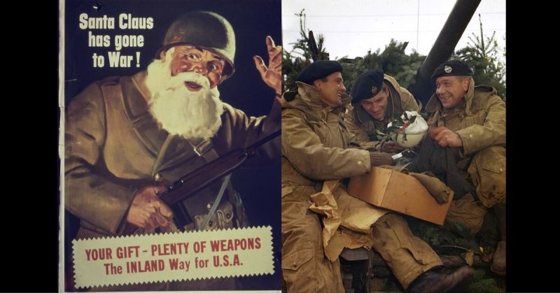 Left: Santa Claus has gone to War - American WW2 Poster. <a href=https://commons.wikimedia.org/wiki/File:Santa_Clause_Has_Gone_To_War_-_NARA_-_533870.jpg>Photo Credit</a> Right: Christmas With the British Liberation Army in Holland, November 1944. <a href=https://commons.wikimedia.org/wiki/File:Christmas_With_the_British_Liberation_Army_in_Holland,_November_1944_TR2571.jpg>Photo Credit</a>