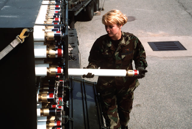 Senior Airman Sarah Esparza, 51st Maintenance Squadron, inspects 2.75 White Phosphorous Rockets Photo Credit