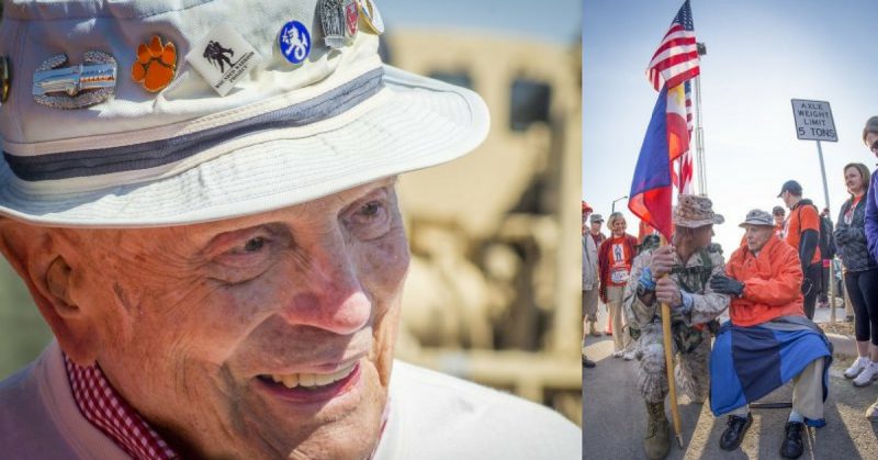 Left: Retired U.S. Army Col. Ben Skardon, 99, a survivor of the Bataan Death March, shares a laugh with a group of supporters after walking more than eight miles in the 27th annual Bataan Memorial Death March at White Sands Missile Range, N.M., March 20, 2016. Skardon is the only survivor who walks in the memorial march and this year marked his ninth in a row. Credit: U.S. Army photo by Staff Sgt. Ken Scar. Right: Retired U.S. Marine Gunnery Sgt. Giovanna Guevarra (holding guidon) pays his respects to retired U.S. Army Col. Ben Skardon, 98, at the start of the 27th annual Bataan Memorial Death March at White Sands Missile Range, N.M. 6,613 people participated in the march, including Skardon who is the only Bataan survivor that walks in the march. Credit: U.S. Army photo by Staff Sgt. Ken Scar.