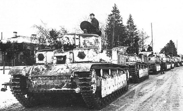 A column of T-28 tanks in Finland, 1940