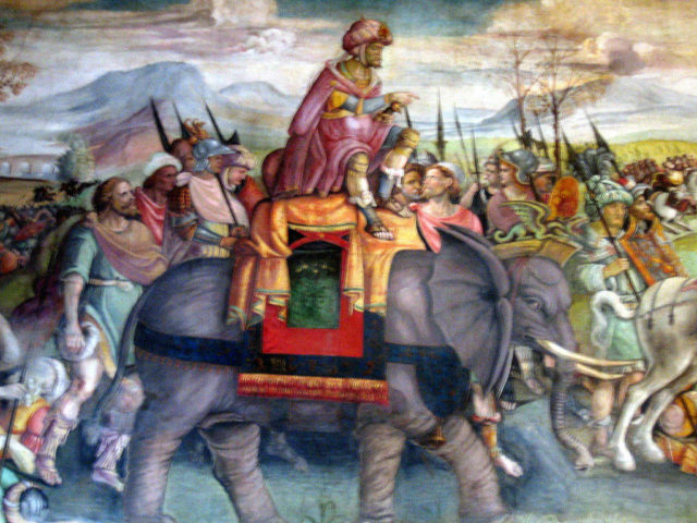 Hannibal crossing the alps. From a fresco from about 1510.