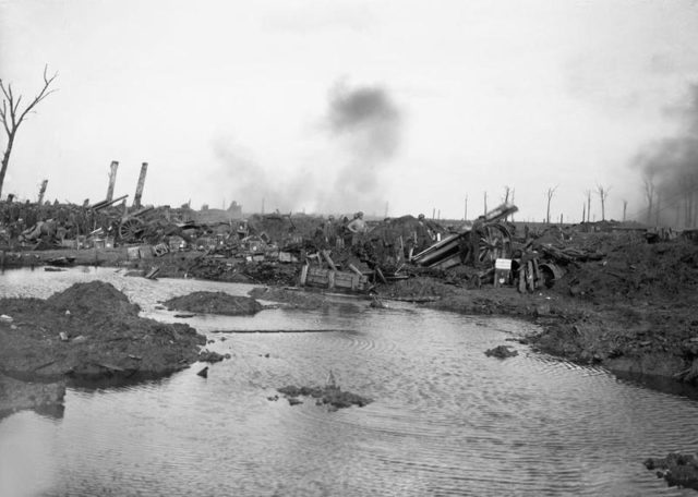 British 60-pounder guns of the Royal Garrison Artillery firing near Langemarck, 12th October 1917.