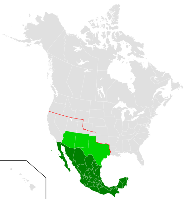 Mexico’s territory in 1916 is in dark green. Zimmermann proposed giving them back their lost territories in light green. By NuclearVacuum – CC BY-SA 3.0